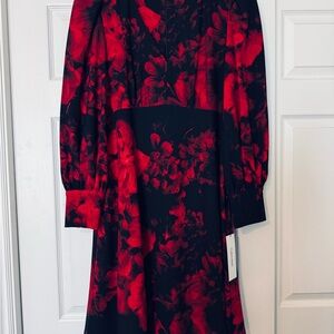 Calvin Klein Red and Black V-Neck Bishop Sleeve Dress